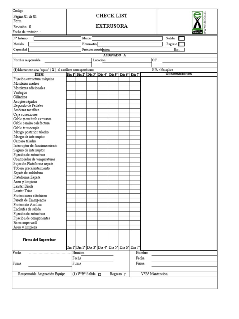 Check List de EXTRUSORA 1 | PDF