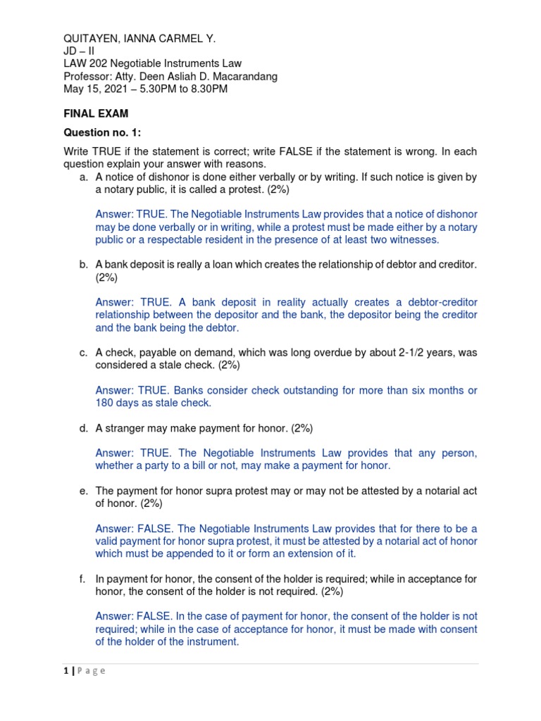 Final Exam Question No. 1 | PDF | Negotiable Instrument | Common Law