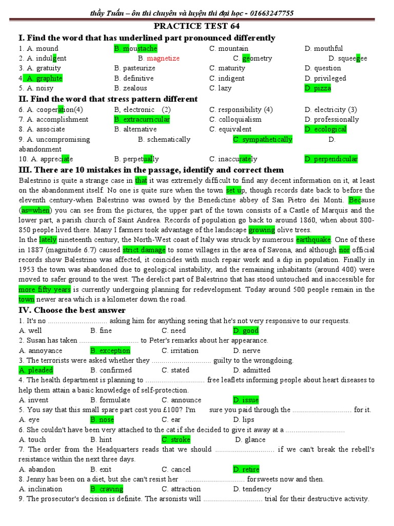 Practice Test for Pronunciation, Grammar, Vocabulary, and