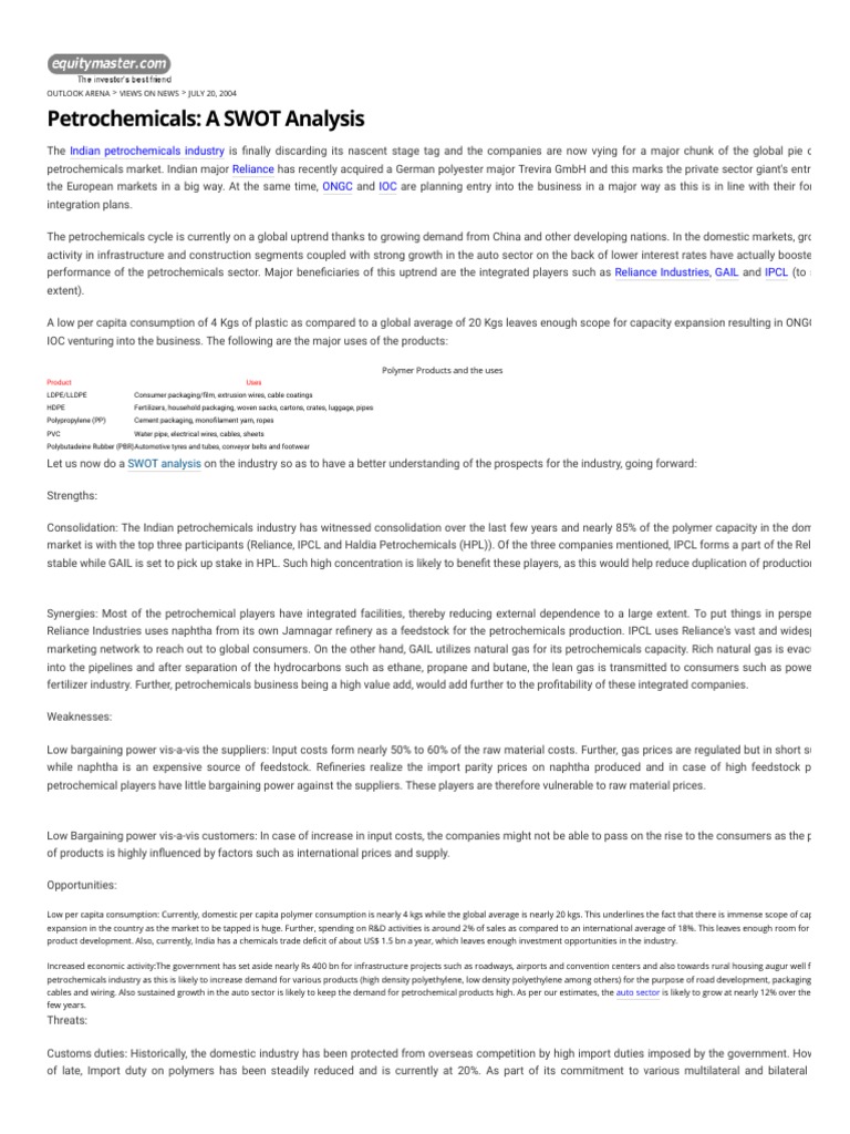 Pretochemical Swot Analysis | PDF | Economies