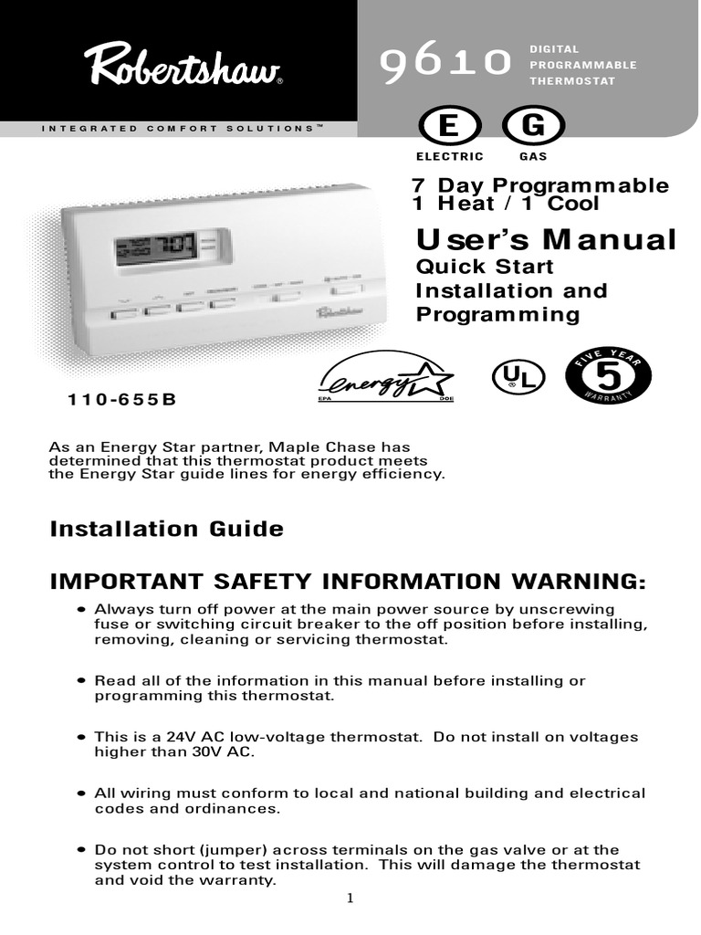 Robertshaw 9610 Manual de Usuario | PDF | Thermostat | Electric Power