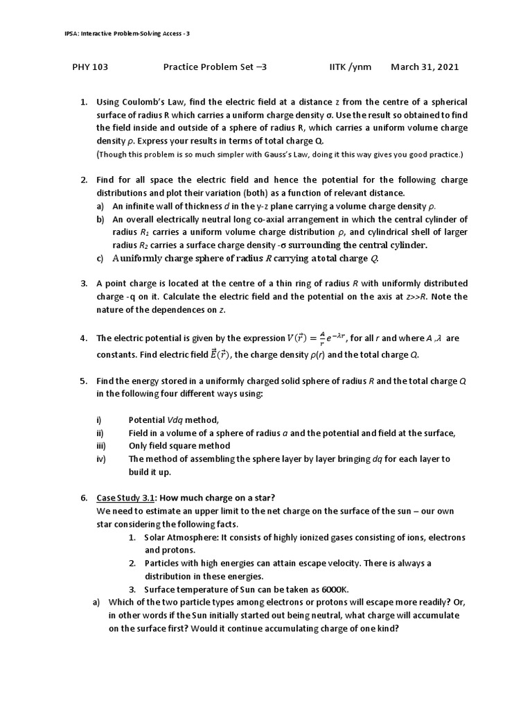 PHY 103 Practice Problem Set - 3 IITK /ynm March 31, 2021 | PDF | P–N ...