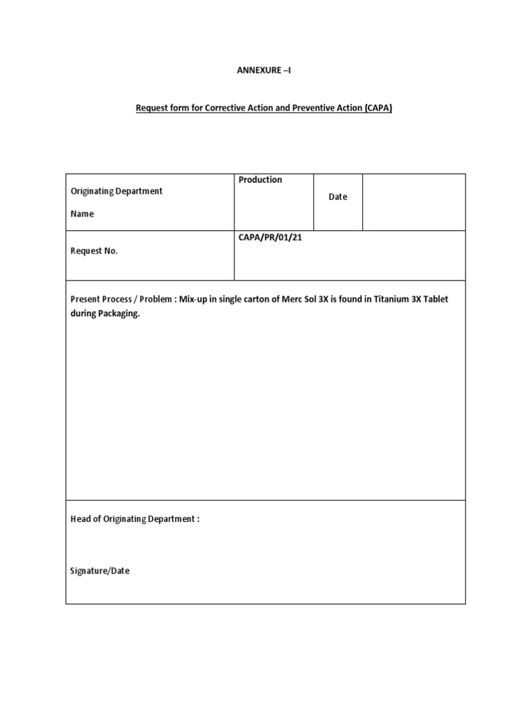 CAPA Request Form for Packaging Issues | PDF