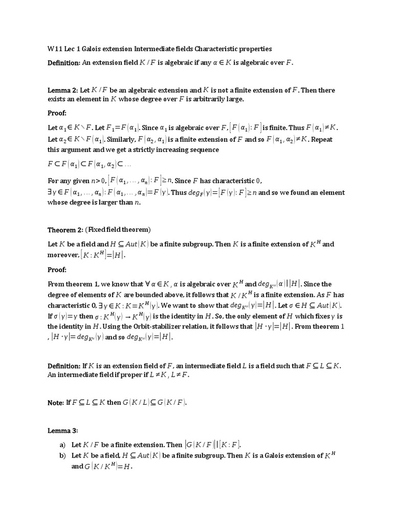 W11 Lec 1 Galois Extension Intermediate Fields Characteristic Properties PDF Field