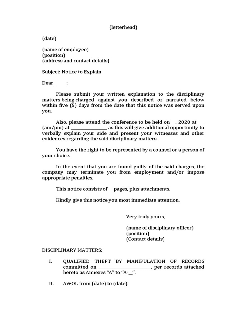 Notice to Explain Template Letter | PDF | Justice | Crime & Violence