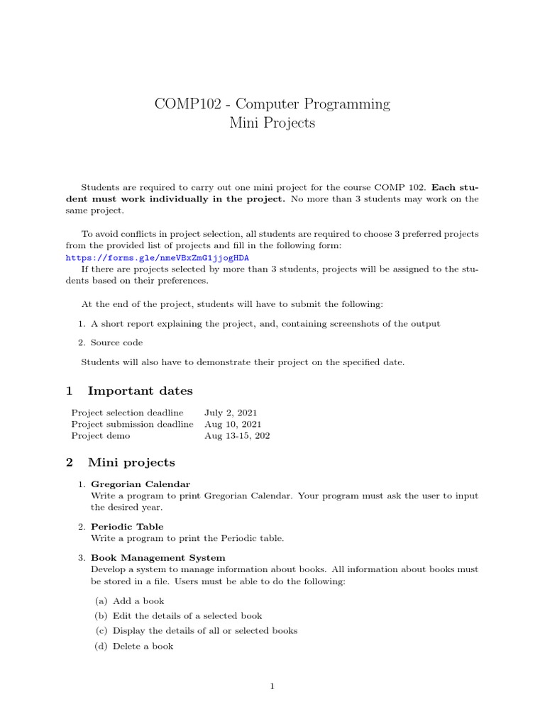 COMP102 - Computer Programming Mini Projects: 1 Important Dates | PDF ...