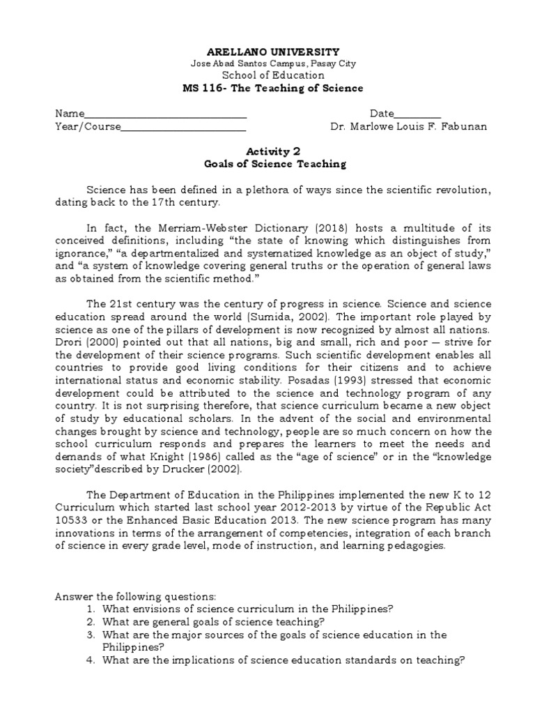 Activity 2Goals of Science Teaching PDF Science Science Education