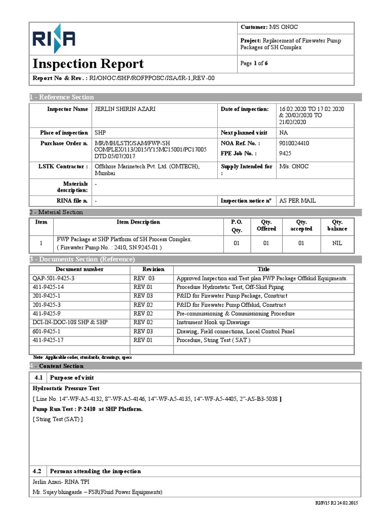 SHP Firewater Pump Inspection Report | PDF | Mechanical Engineering ...