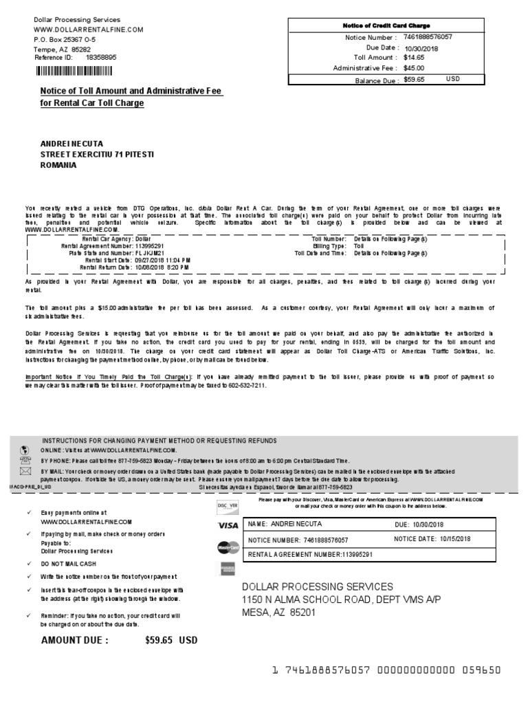 Notice of Toll Amount and Administrative Fee For Rental Car Toll Charge