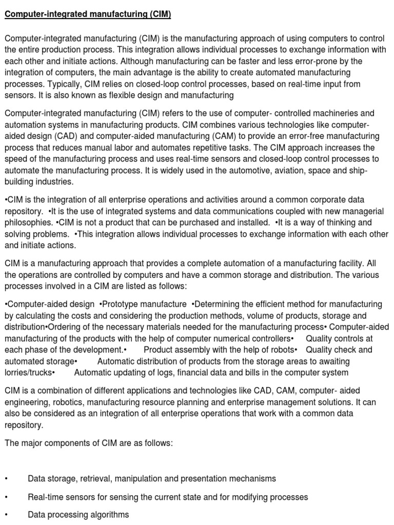 Computer-Integrated Manufacturing (CIM) | PDF | Automation ...