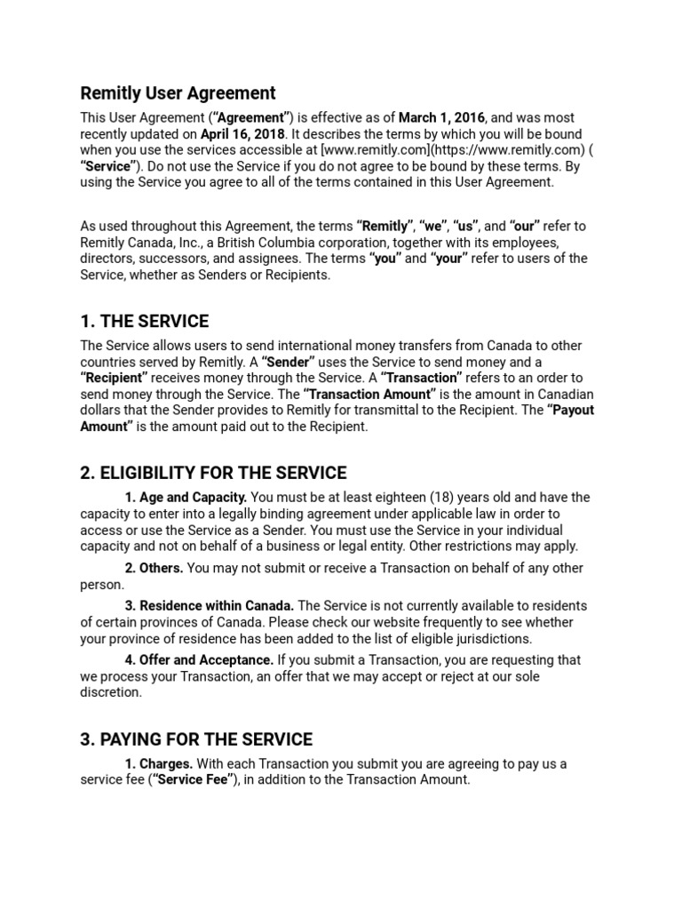 Remitly Canada User Agreement | PDF | Payments | Financial Transaction
