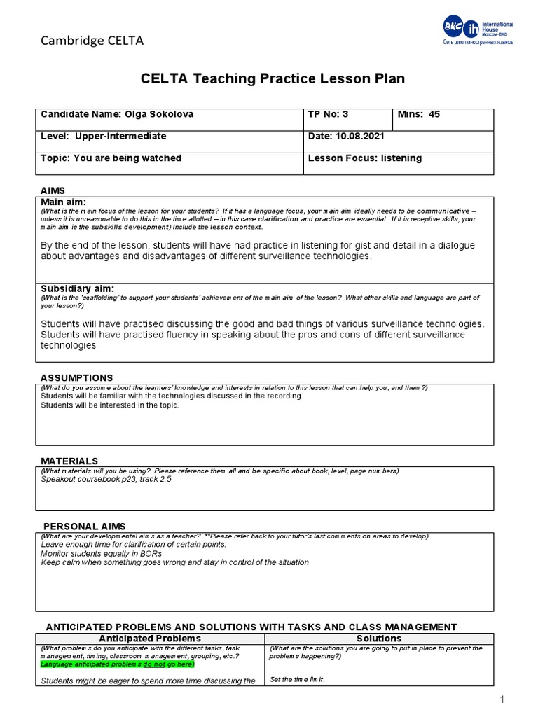 CELTA Lesson Plan: Surveillance Listening | PDF | Lesson Plan | Learning