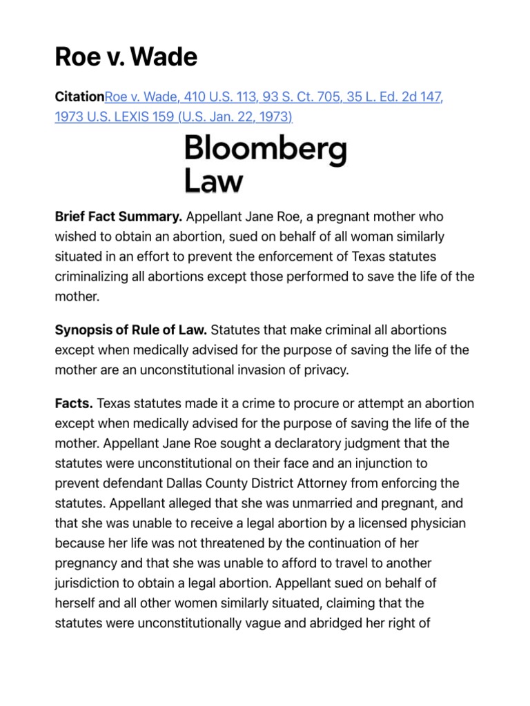 Roe v. Wade Case Brief For Law Students PDF Roe V. Wade Abortion