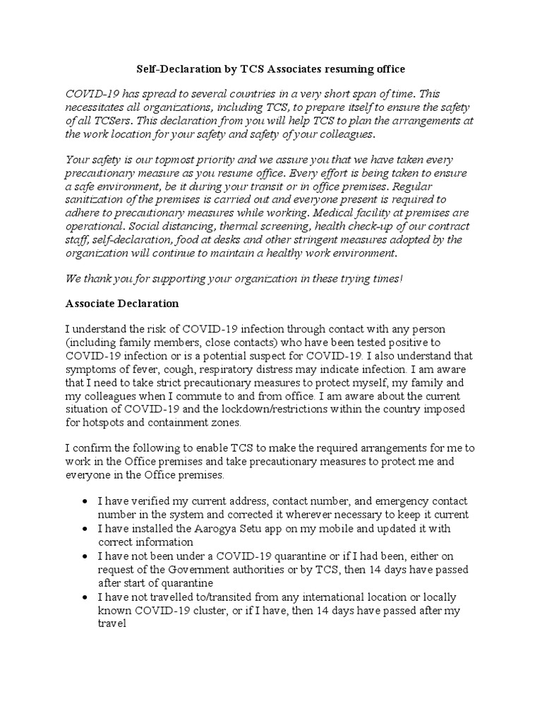 Self-Declaration by TCS Associates Resuming Office | PDF | Health ...