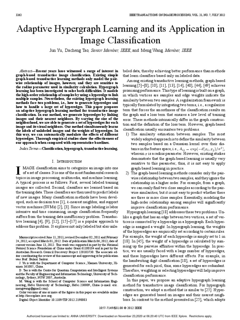 Adaptive hypergraph learning and its application in image