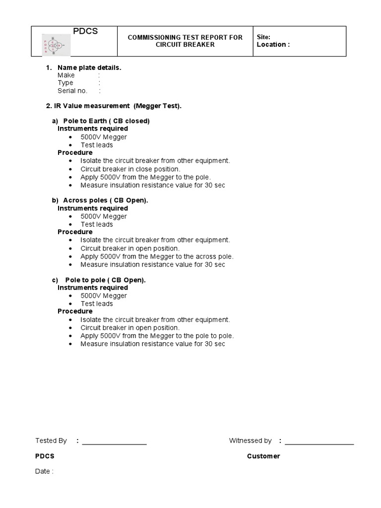 Commissioning Test Report For Circuit Breaker Site PDF Electrical