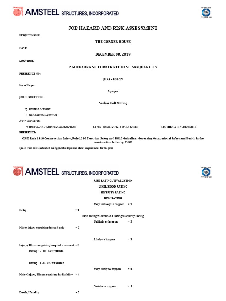 Anchor Bolt Setting Risk Assessment | PDF | Risk | Risk Assessment