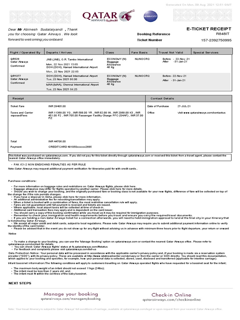 E-Ticket Receipt: Booking Reference Ticket Number MR Abinesh ...