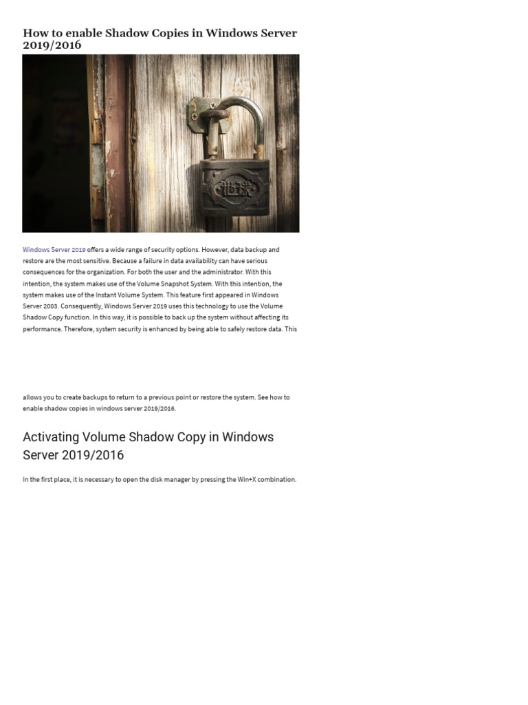 Enable Shadow Copies in Windows Server 2019 | PDF