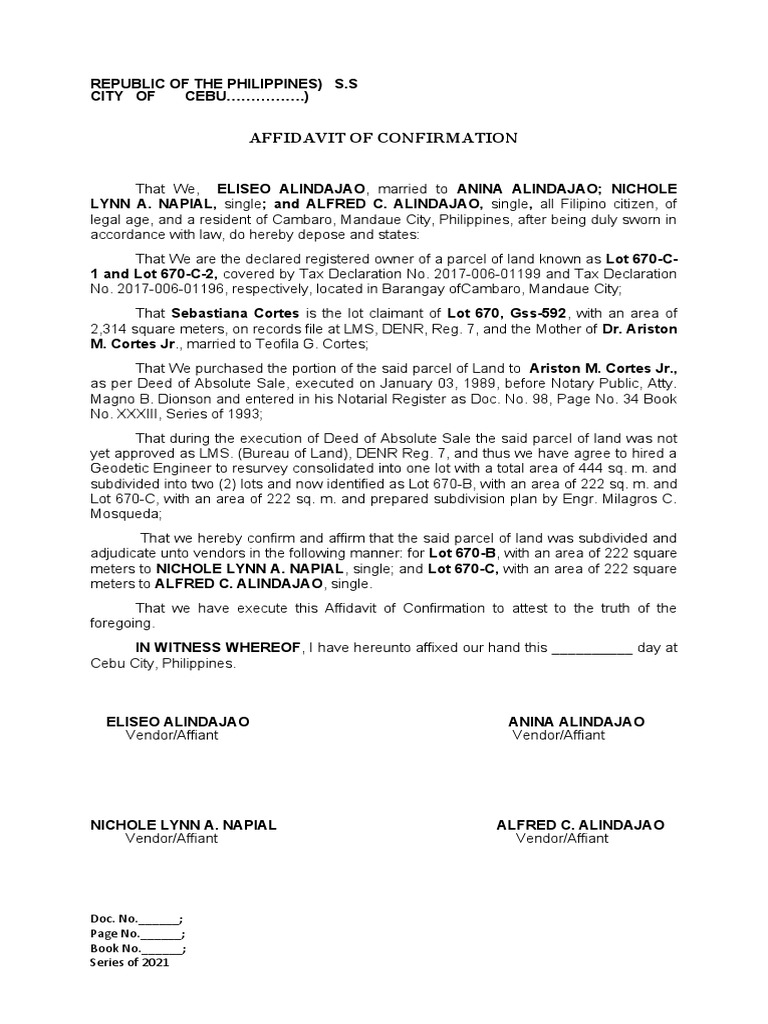 Cebu Land Ownership Confirmation | PDF | Affidavit | Legal Documents