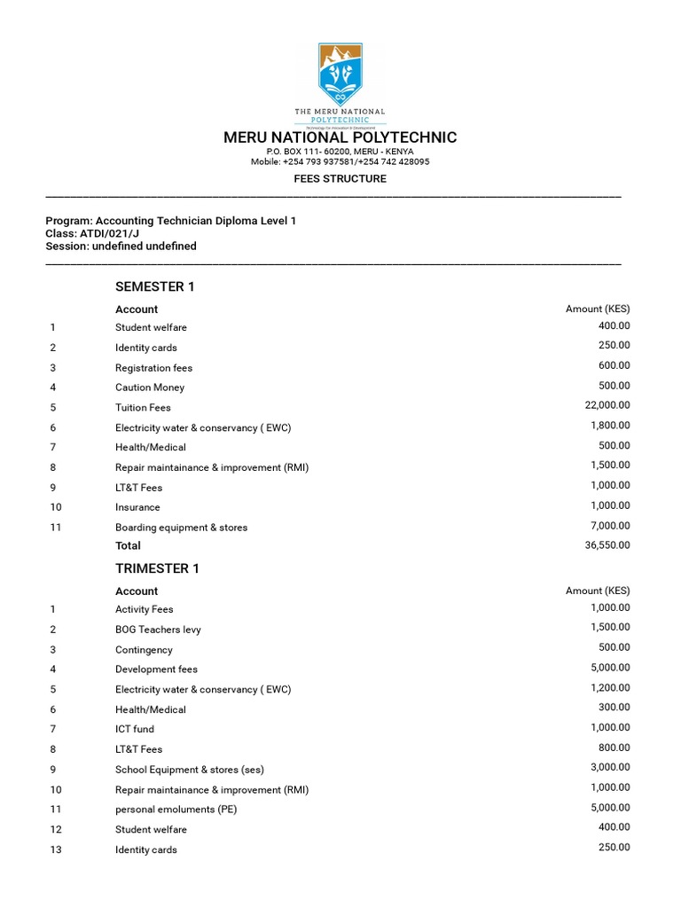 Meru National Polytechnic Fee Structure | PDF