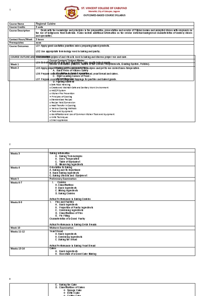 Course Syllabus for Regional Cuisine PDF Cakes Baking