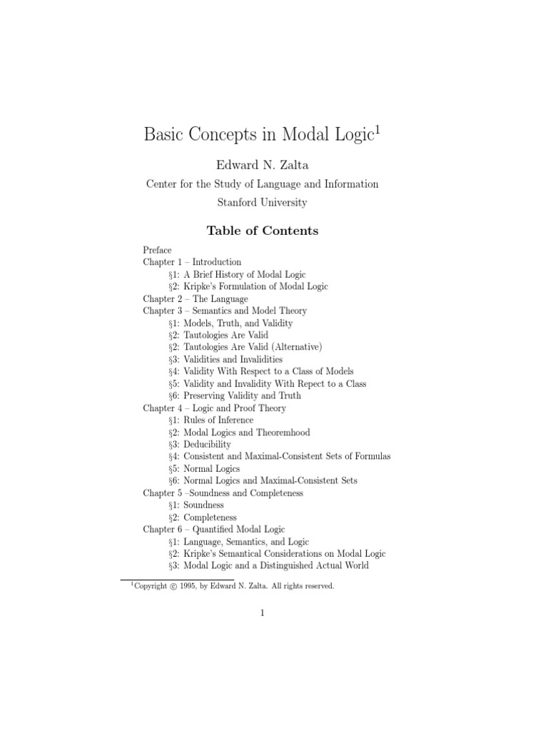 Basic Concepts in Modal Logic: Center For The Study of Language and ...