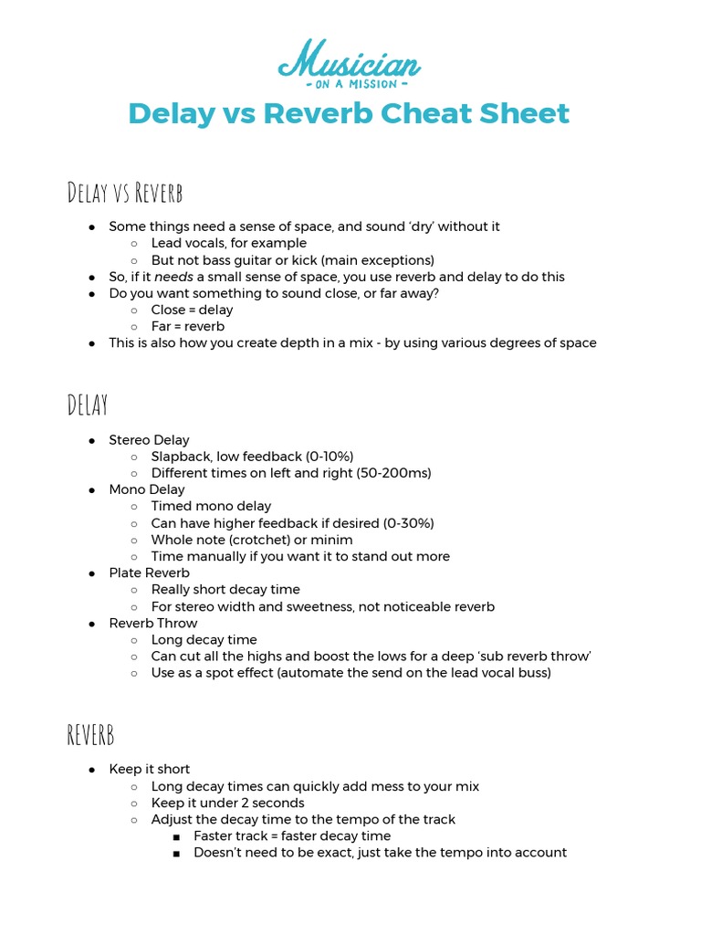 Delay Vs Reverb Cheat Sheet PDF