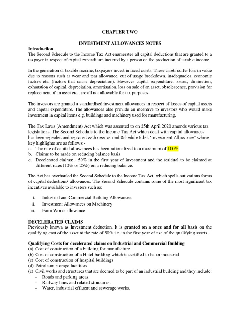 Chapter Two Investment Allowances Notes PDF Tax Deduction Expense