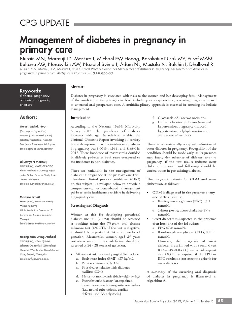 Management of Diabetes in Pregnancy in Primary Care: CPG Update | PDF ...