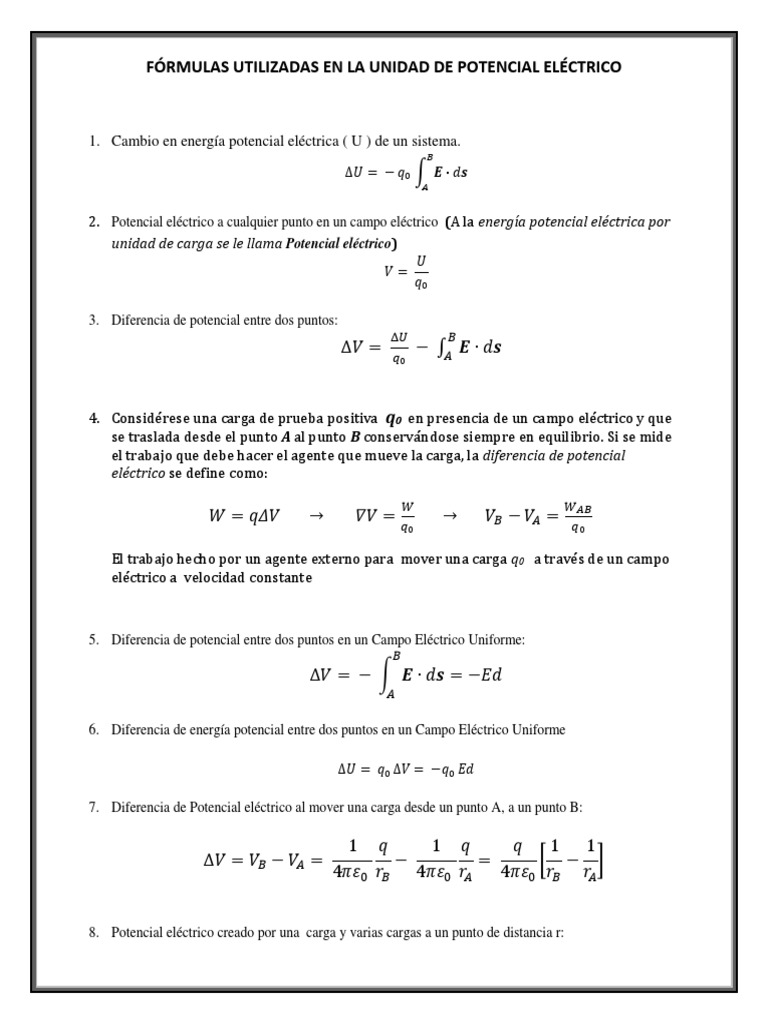 Fórmulas Utilizadas en La Unidad de Potencial Eléctrico | PDF | Mecanica  clasica | Electricidad, image size:768x1024