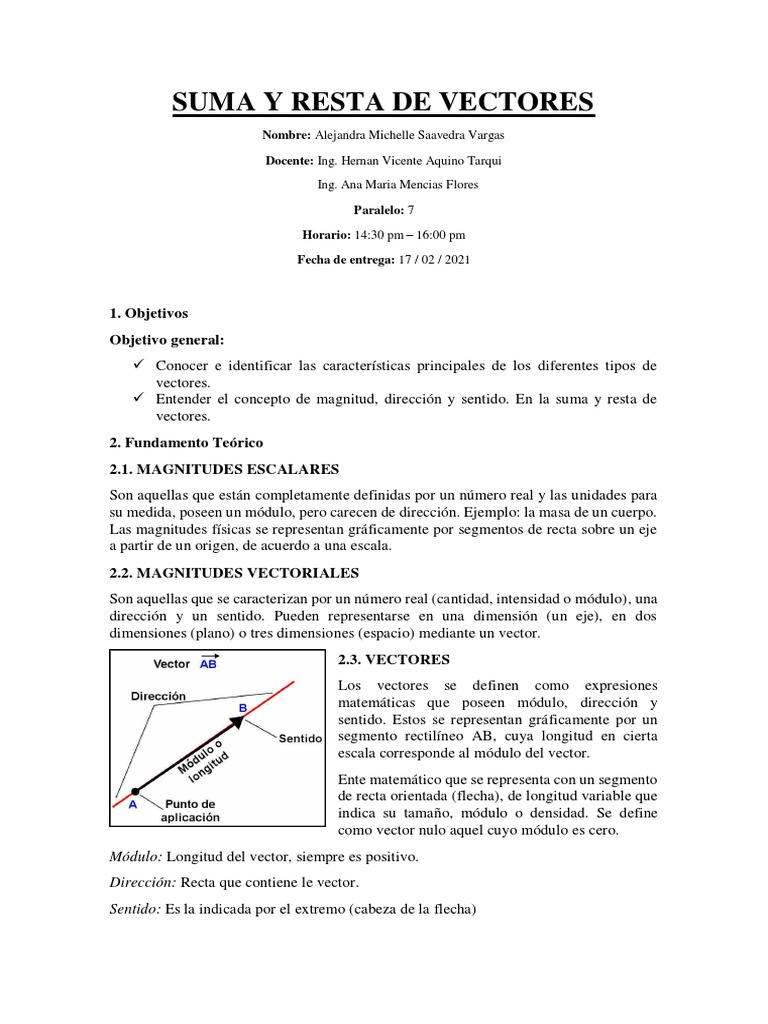 Lab 1 Suma y Resta de Vectores - Alejandra Saavedra | PDF | Vector ...