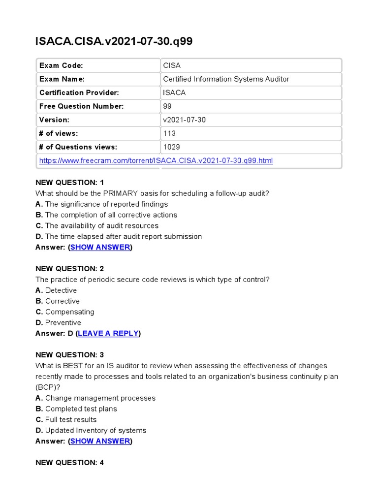 CISA Exam Questions and Answers 2024 | PDF | Information Security