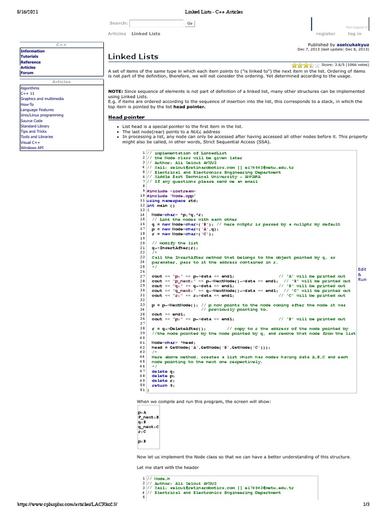 Linked Lists - C++ Articles | PDF | C++ | Pointer (Computer Programming)