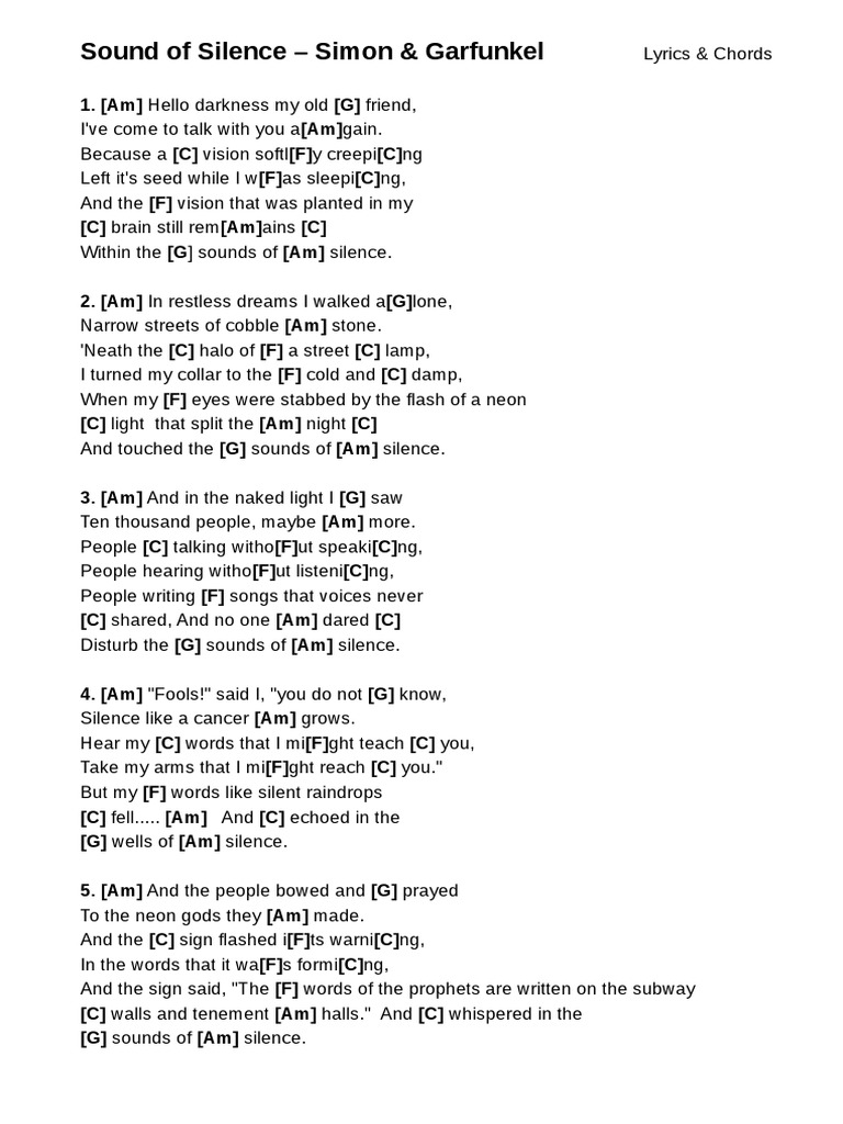 Sound of Silence Simon & Garfunkel Lyrics & Chords PDF