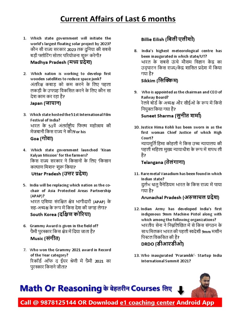 One Liner Current Affairs Last 6 Months Pdf