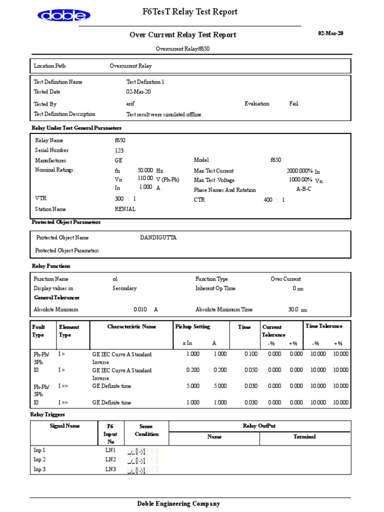 Over Current Relay Test Report: Doble Engineering Company | PDF | Relay ...