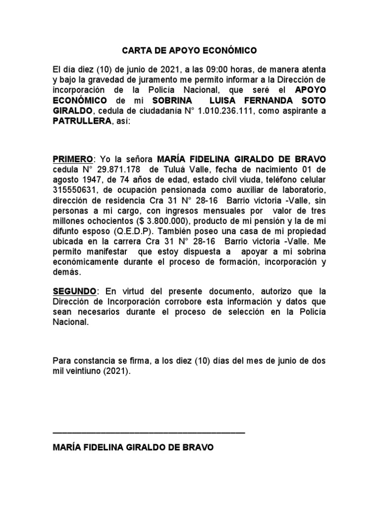 Carta de Apoyo Económico Familiar | PDF