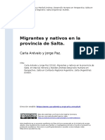 Carla Arevalo y Jorge Paz (2016). Migrantes y Nativos en La Provincia de Salta