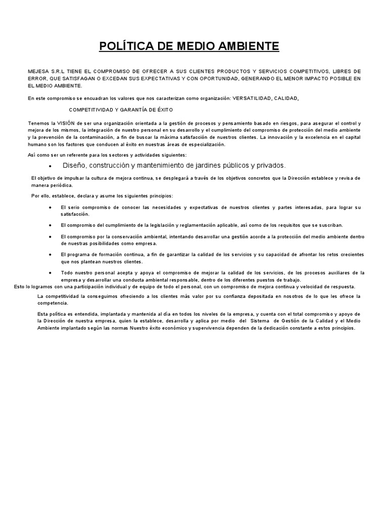 Politica de Medio Ambiente | PDF | Calidad (comercial) | Economias
