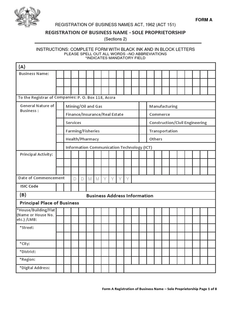Sole Proprietorship Registration Form Ghana | PDF | Sole Proprietorship ...