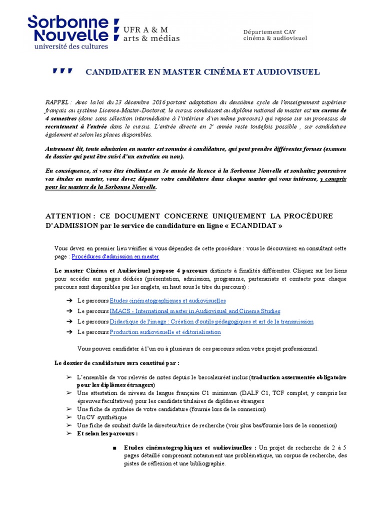 Lettre De Motivation Licence Cinéma Et Audiovisuel Candidater en Master Cav | PDF | Cinématographie | Média (Communication)