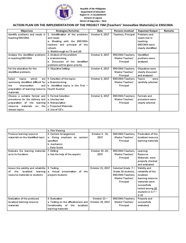 Action Plan On The Implementation of The Project Tim (Teachers ...
