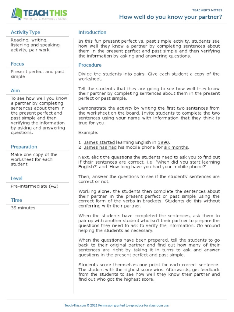 06.02 - How-Well-Do-You-Know-Your-Partner Present Perfect - Past Simple |  PDF | Question | English Language