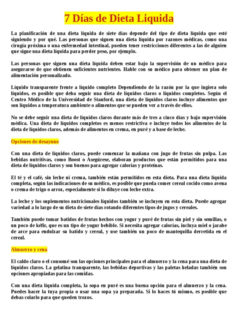 7 Días de Dieta Liquida | PDF | Dieta | Alimentos