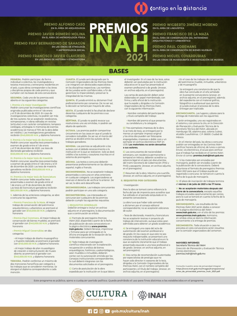 Convocatoria Premios INAH 2021 | PDF