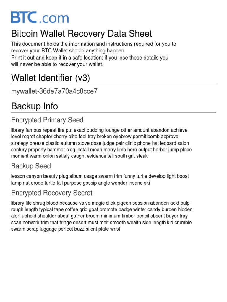 BTC Bitcoin Wallet Recovery Backup Sheet - Mywallet-36De7a70a4c8Cce7 | PDF