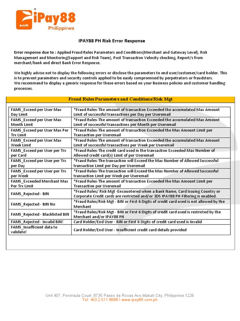 IPAY88PH Risk Error Response | PDF | Credit Card | Financial Transaction