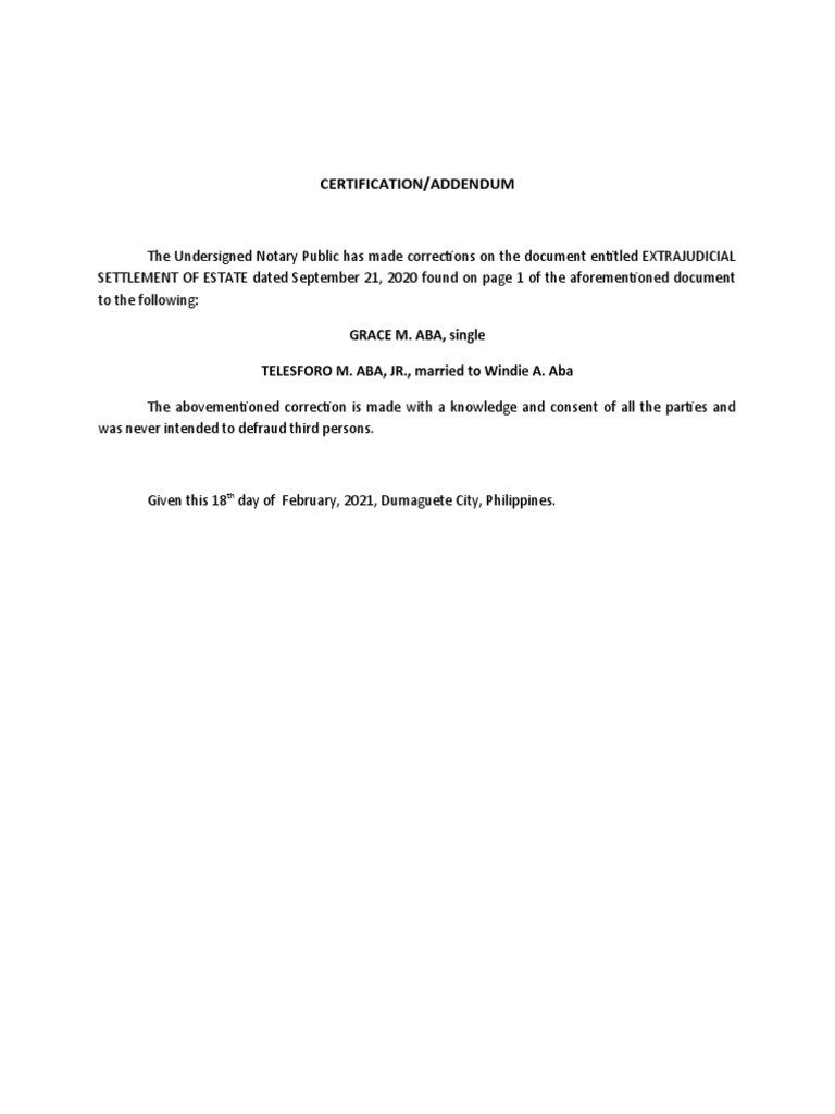 Notary Certification Addendum for Estate | PDF | Politics | Social Science
