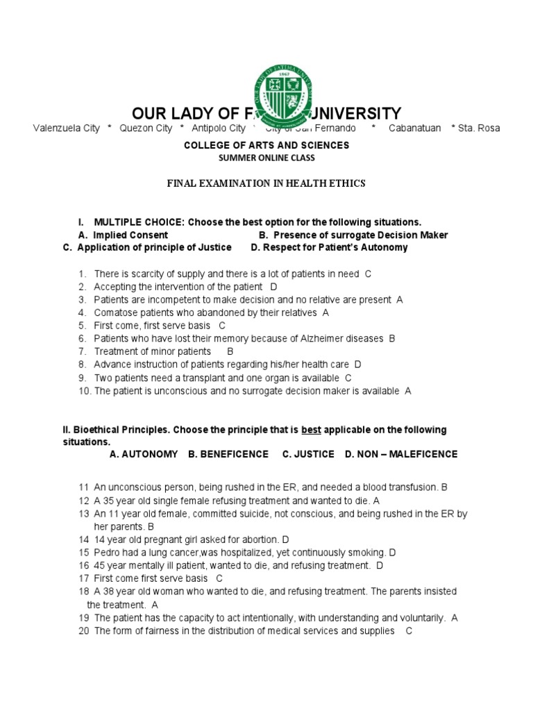 Final Examination In Health Ethics A Comprehensive Review Of Key